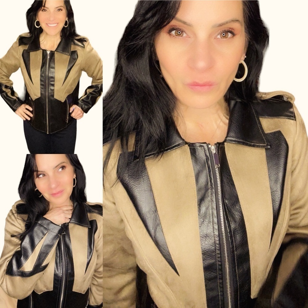 VINTAGE Fabulous Furs Faux Leather Tan Black Zip Jacket Sz Small